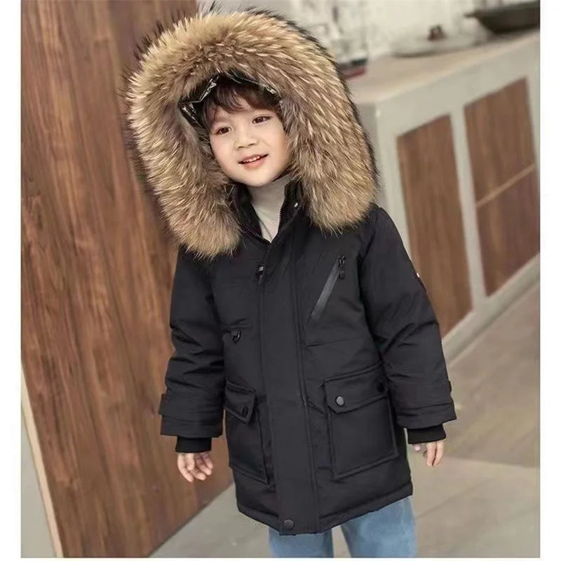 -30℃ Winter Kids Jackets Padded Cotton Clothes Coats Boys Girls Thick Plus Velvet Warm Parka Hooded Outerwear Snowsuit 5-12Y