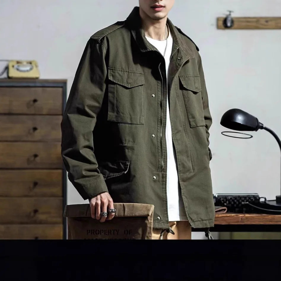 Multi-Pocket Jacket Retro Jackets for Men Green Outdoor Windbreaker Vintage Men's Cargo Jacket Casual Solid Coat Mens Clothes