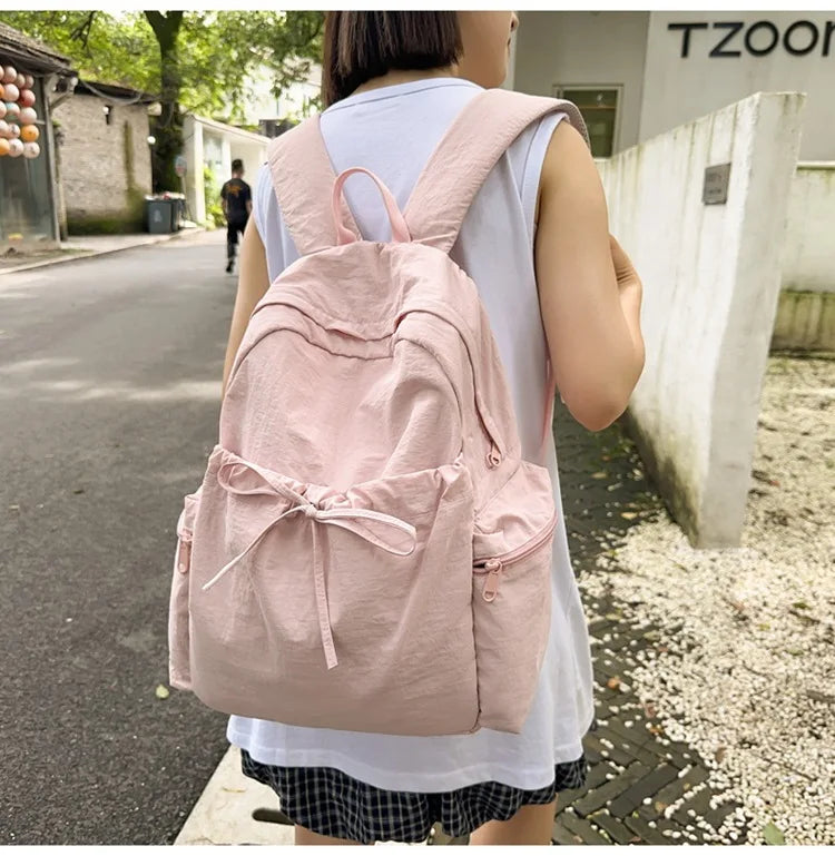 Japanese Style Student Backpack Solid Color Bow Travel School Bag Lightweight and Fashionable Women's Backpack New Simple Casual