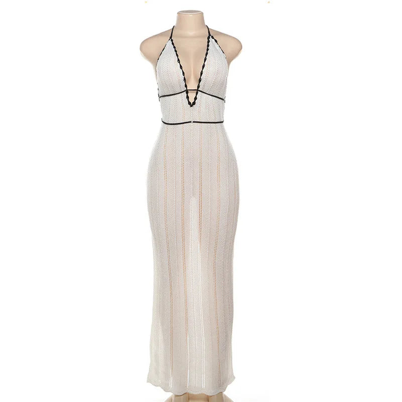 Nsauye Casual Knitted Women Halter Fashion Maxi Hollow Out Dress Summer Beach Long Sexy Backless Party Birthday Club Dress 2024