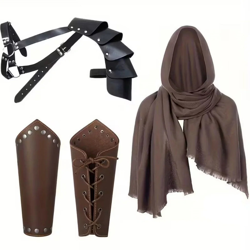 1/4PCS Men Vintage Medieval Knight Hooded Cloak Scarf Renaissance Belt Wrist Guard Halloween Cosplay Costume Accessories Prop