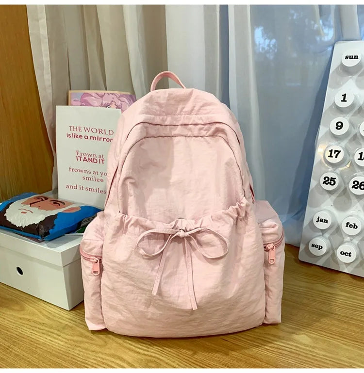 Japanese Style Student Backpack Solid Color Bow Travel School Bag Lightweight and Fashionable Women's Backpack New Simple Casual