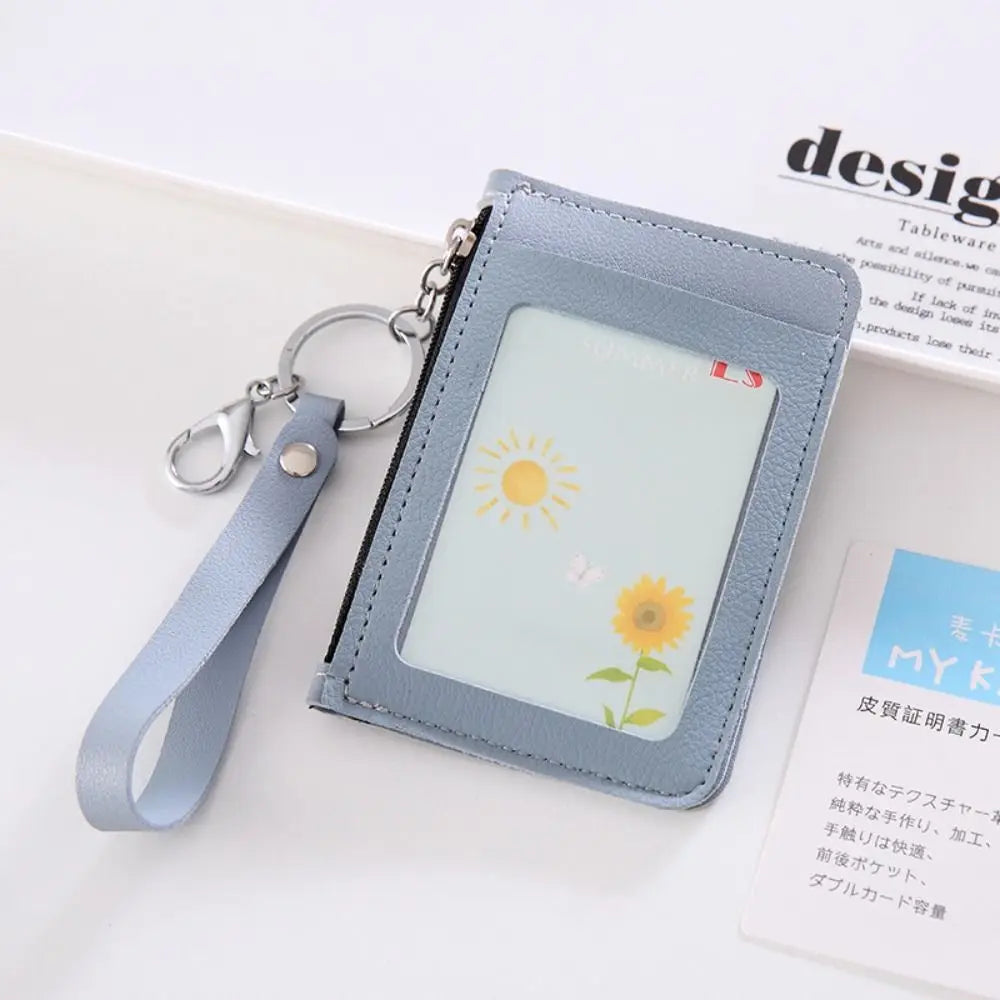 PU Leather Zipper Card Cover Bag ID Tag Bus Pass Card Cover Case Coin Purse Business Card Case with Hand Rope