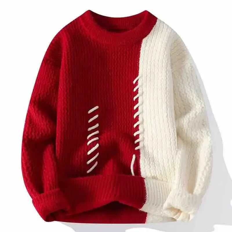 Autumn Winter Men Sweater O-Neck Patchwork Contrast Color Korean Trend Fashion Thicken Warm Pullovers Long Sleeve Knitted Tops