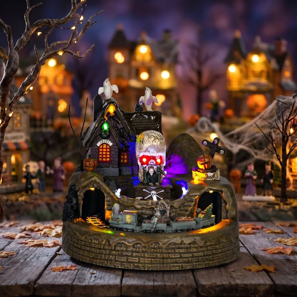 Halloween Holiday Village Train Decor with LED Lights Music Spooky Ghost & Skeleton Figurines, Festive Haunted House Decoration