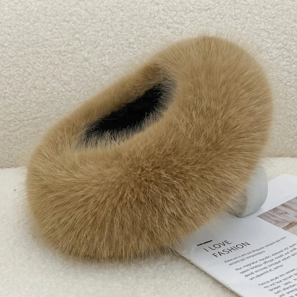 Fashion Thick Turban Hat Keep Warm Solid Color Wide Headwrap Imitation Fox Fur Elastic Ski Hats Winter
