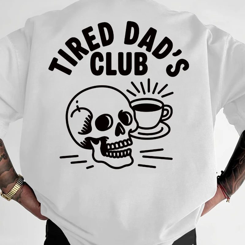 Men's Fun Pattern T-shirt - "Exhausted Dad Club" Back Printed Coffee Cup Skull Design - White Cotton Short Sleeved Shirt
