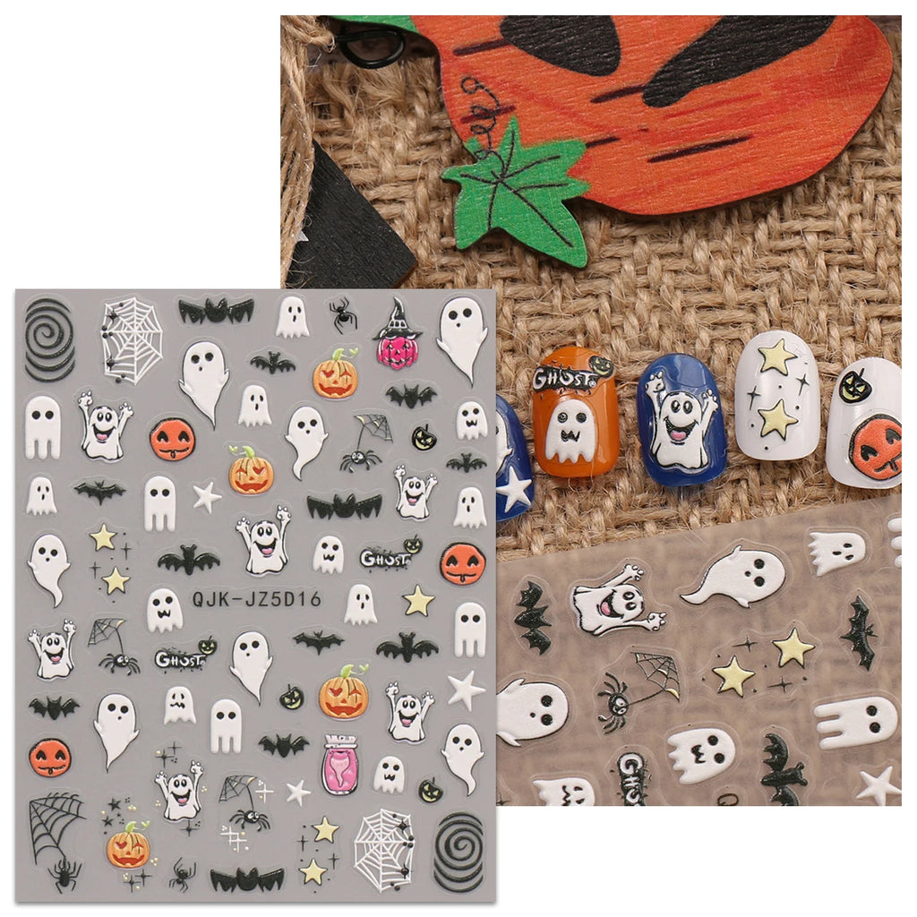 Halloween Day of the Dead 5D relief nail stickers, funny ghost pumpkin pattern nails, DIY art design nail artist supplies