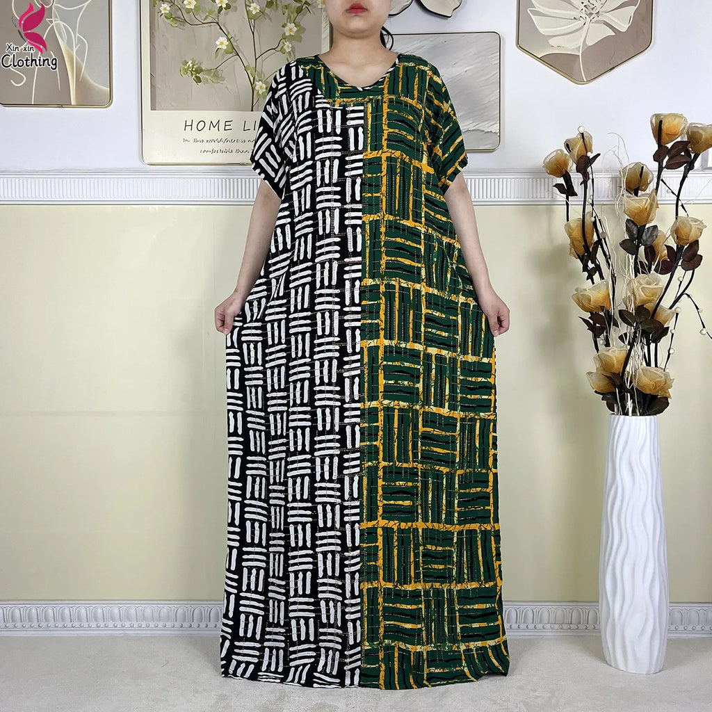 2025 New Summer Abaya Short Sleeve Dress With Big Scarf Printing Floral Loose Dress Islam Kaftan Women African Abaya Clothing