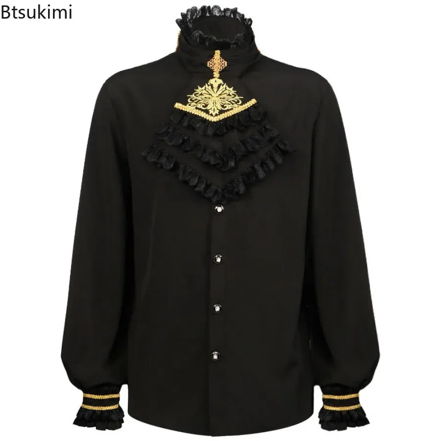 Steampunk Men's Shirt Tops Renaissance Victorian Gothic Medieval Long Sleeve Stand Collar Shirts Male Halloween Cosplay Costumes