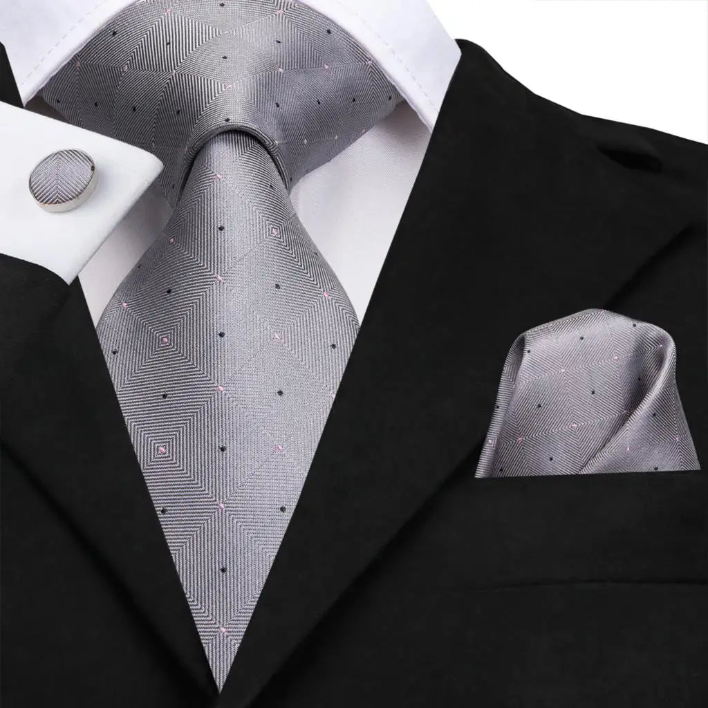 Hi-Tie White Grey Paisley 2026 New Mens Tie Hanky Cufflink Set Necktie For Men Wedding Party Business Men Tie Fashion Brand