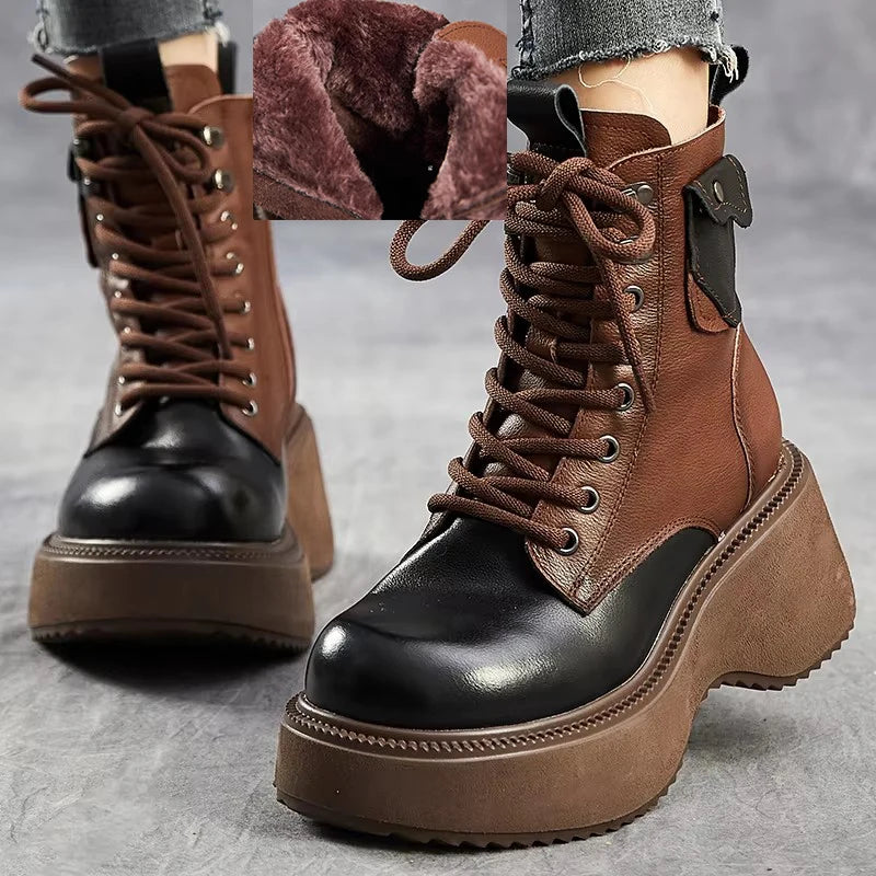 GKTINOO Platform High Heel Boots Genuine Leather 2026 Winter Thick Soled Mixed Colors Round Toe Women Plush Short Boots