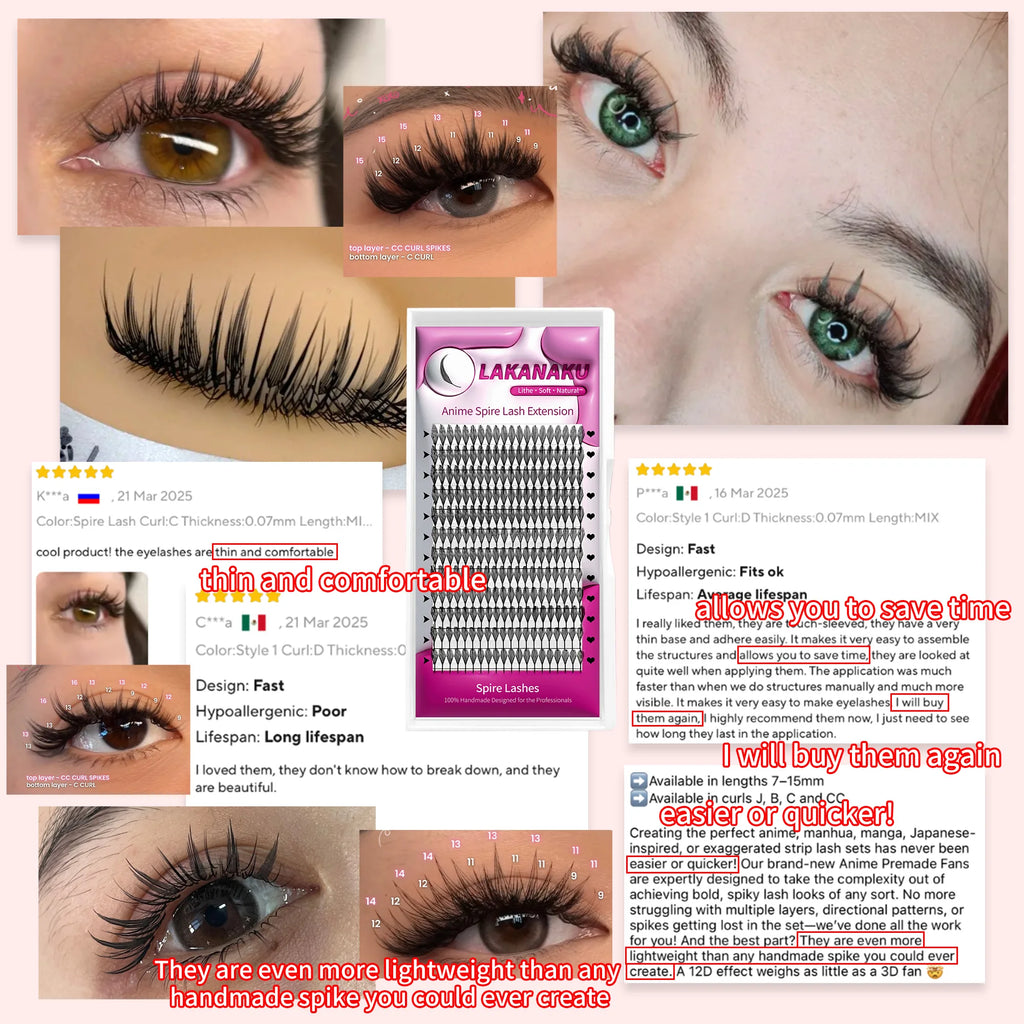 LAKANAKU Spire Lashes Feather Individual Eyelash Extensions B/C/CC/D Cashmere Volume Premade Spikes Eyelashes
