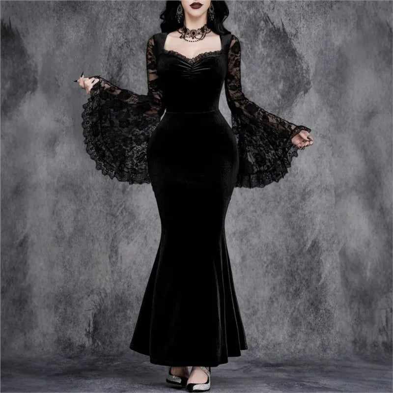 Halloween Gothic Vintage Dress Women Elagnt Lace Patchwork See Through Flare Sleeve High Waist Clubwear Slim Long Dresses Femme