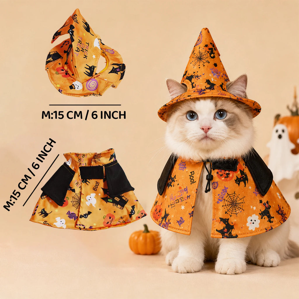 Halloween Witch Pet Costume for Cats & Small Dogs, Witch Hat and Printed Outfit, Adjustable Drawstring, Hook Loop Closures