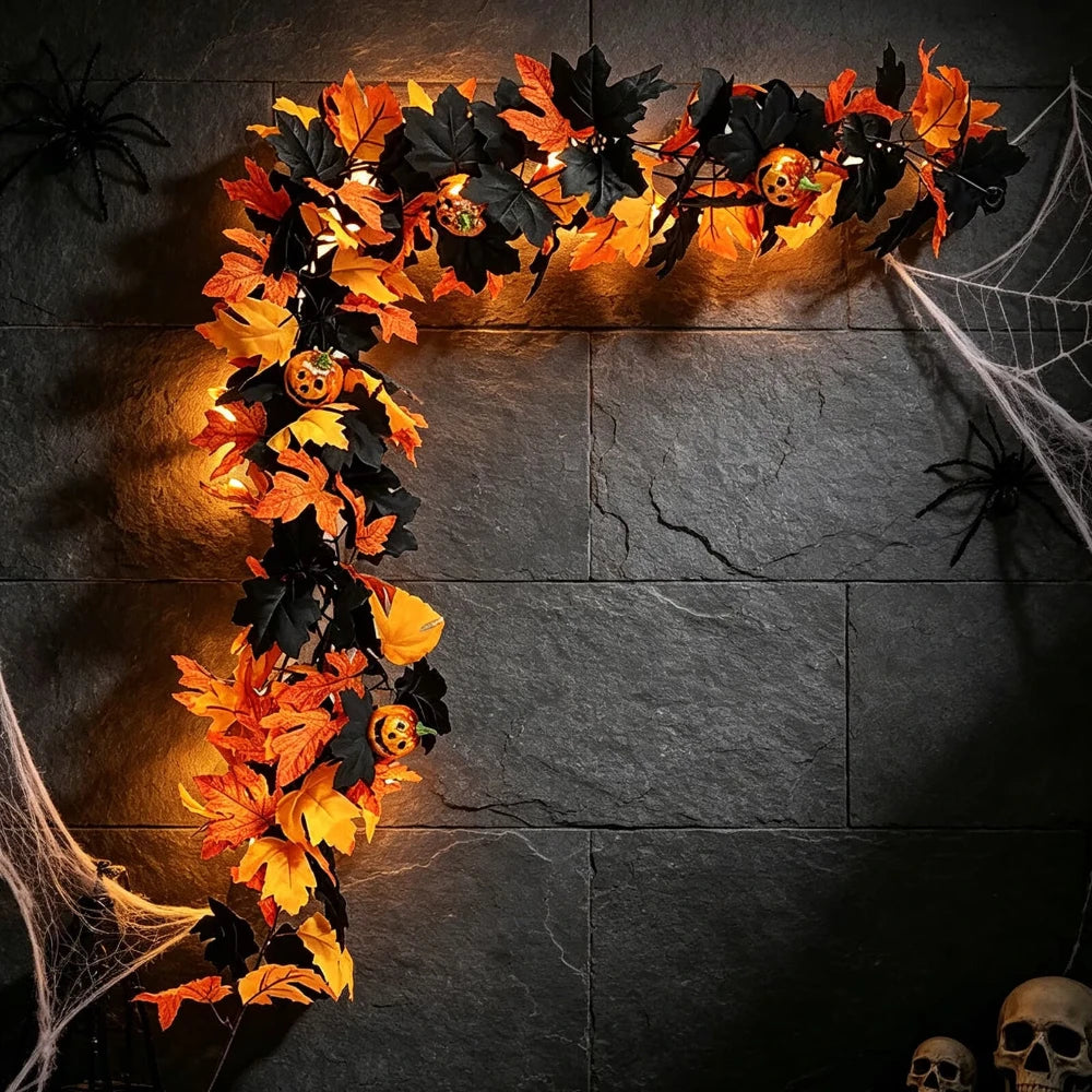 Halloween Fall Garland with Pumpkins Maple Leaves Artificial Flowers Decorative Hanging for Thanksgiving Home Fireplace Doorway