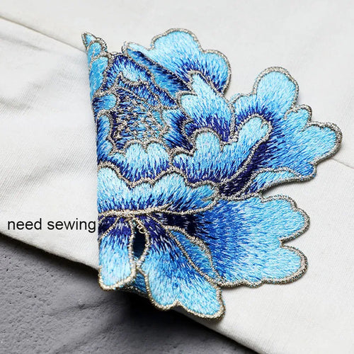 1 Piece 14.5*13cm Blue Pink Yellow Red Peony Embroidery Patch Applique Sew on Patch for Evening Dress Bag DIY Glue-free