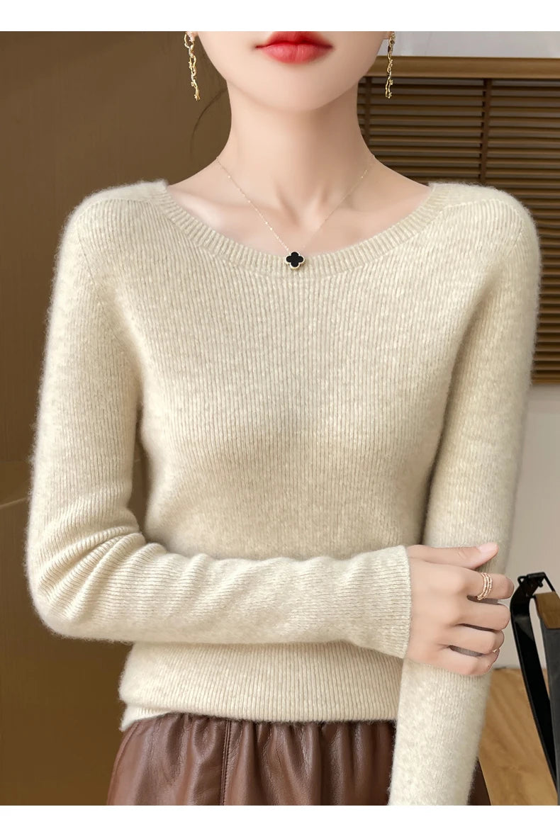 Early Fall New Crew-Neck Sweater Elegant High Elastic Simple Solid Color Thin Knit Crew-Neck Sweater Long Sleeve-GH458