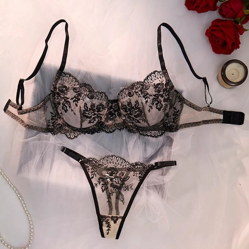 Sexy Lace Floral Bra Set Women Ultra Thin 2 Piece French Bralette Panty Set Transparent Embroidery Lingerie See Through