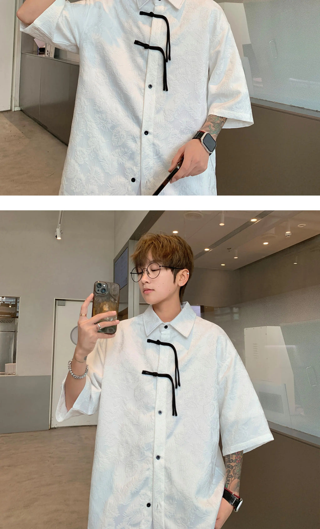 2024 Men Chinese Style Shirt Mens Tang Dress Hanfu Half-Sleeve Shirt Male Printing Kung Fu Outfit Loose Casual Tops