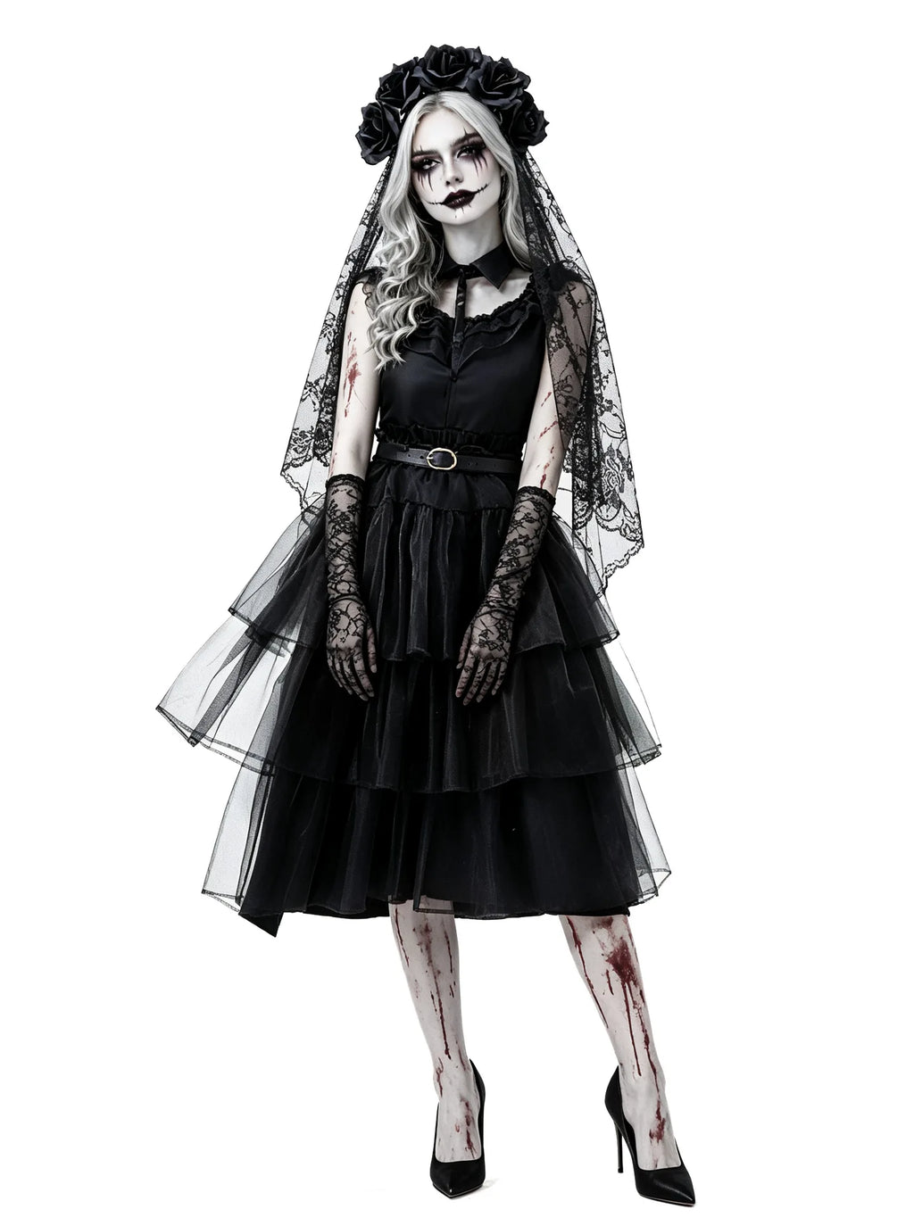 Halloween Zombie Costume Black Lace Ghost Bride Dress Scary Gothic Corpse Bride Outfit for Carnival Party Cosplay