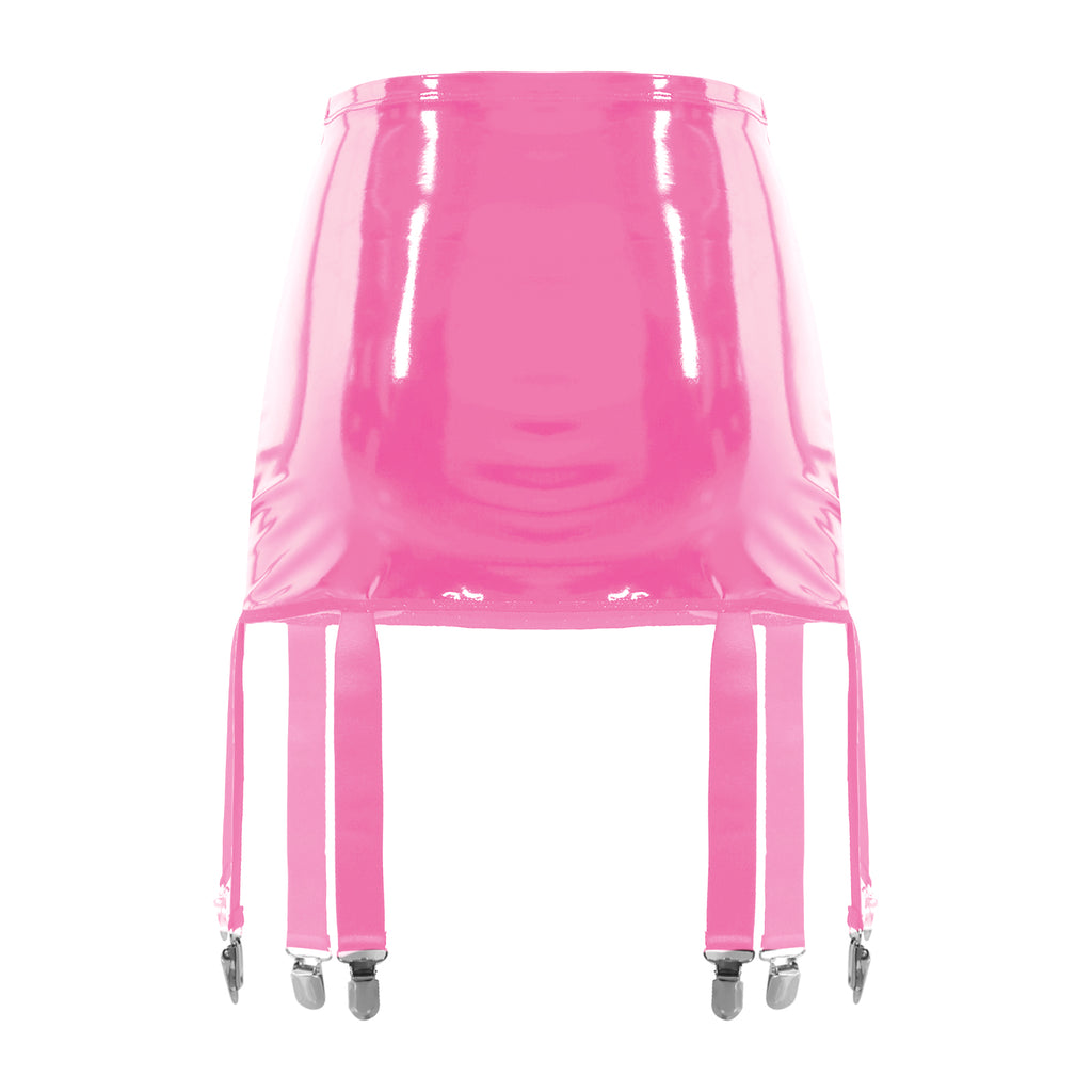 Sexy Women Wetlook PVC Leather Ruffled Skirts Party Low Waist Built-in Thongs Mini Skirt with Garter Belts Metal Clips Set Club