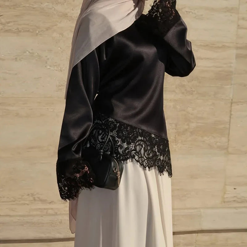 Elegant Lace Velvet Patchwork Women Top Flare Long Sleeve O-neck Split Female Blouse 2026 Spring Summer Lady Clothes New