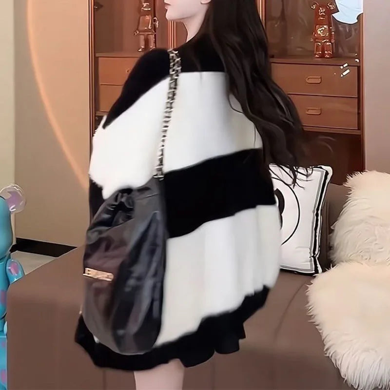 Women Mink Fur Knitted Cardigans Sweaters Autumn Winter Loose Sweet Fashion Stripe Lantern Sleeve Thicken Contrast Color Coats