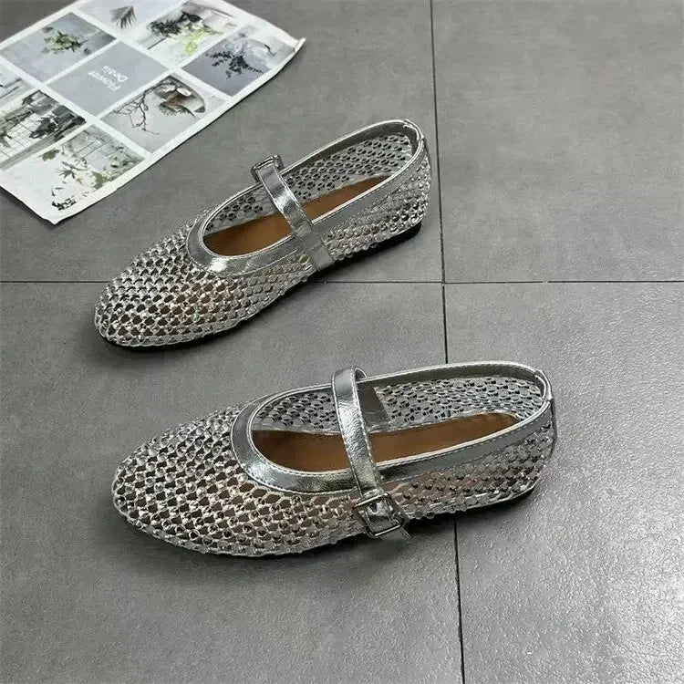Luxury Crystal Rhinestone Fishnet Ballet Flats Woman Brand Design Rivet Mesh Mary Jane Shoes Ladies Summer Loafers Plus Size 42