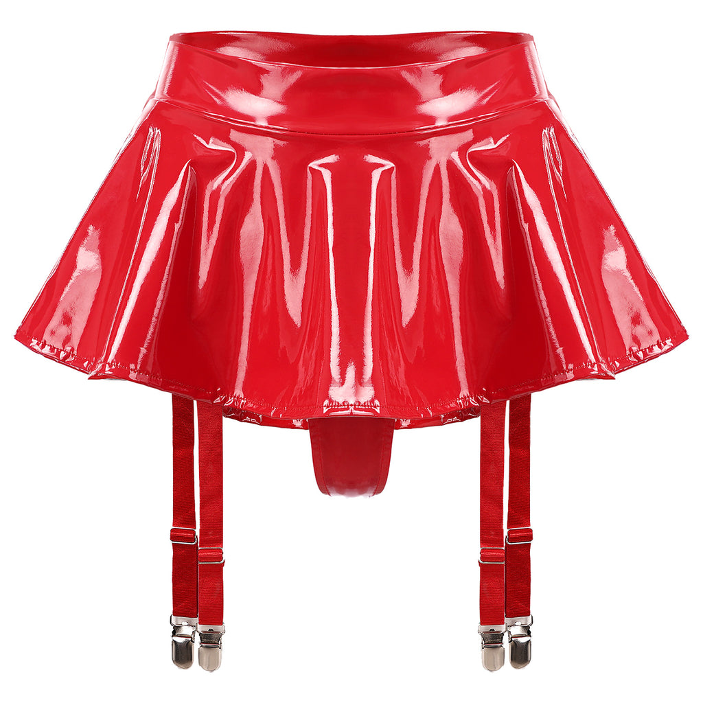 Sexy Women Wetlook PVC Leather Ruffled Skirts Party Low Waist Built-in Thongs Mini Skirt with Garter Belts Metal Clips Set Club