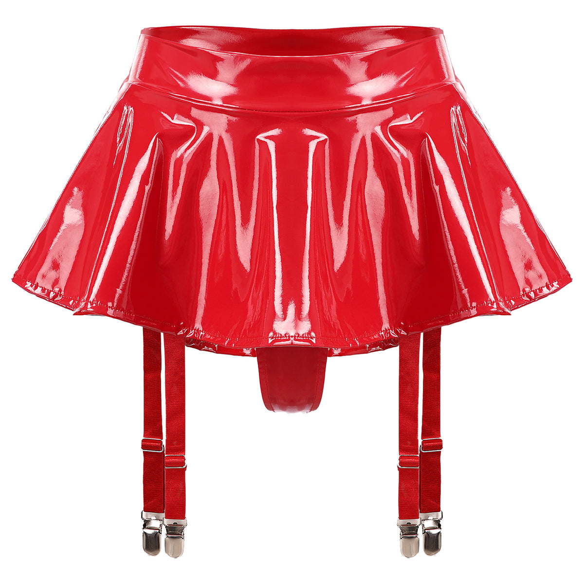 Sexy Women Wetlook PVC Leather Ruffled Skirts Party Low Waist Built-in Thongs Mini Skirt with Garter Belts Metal Clips Set Club