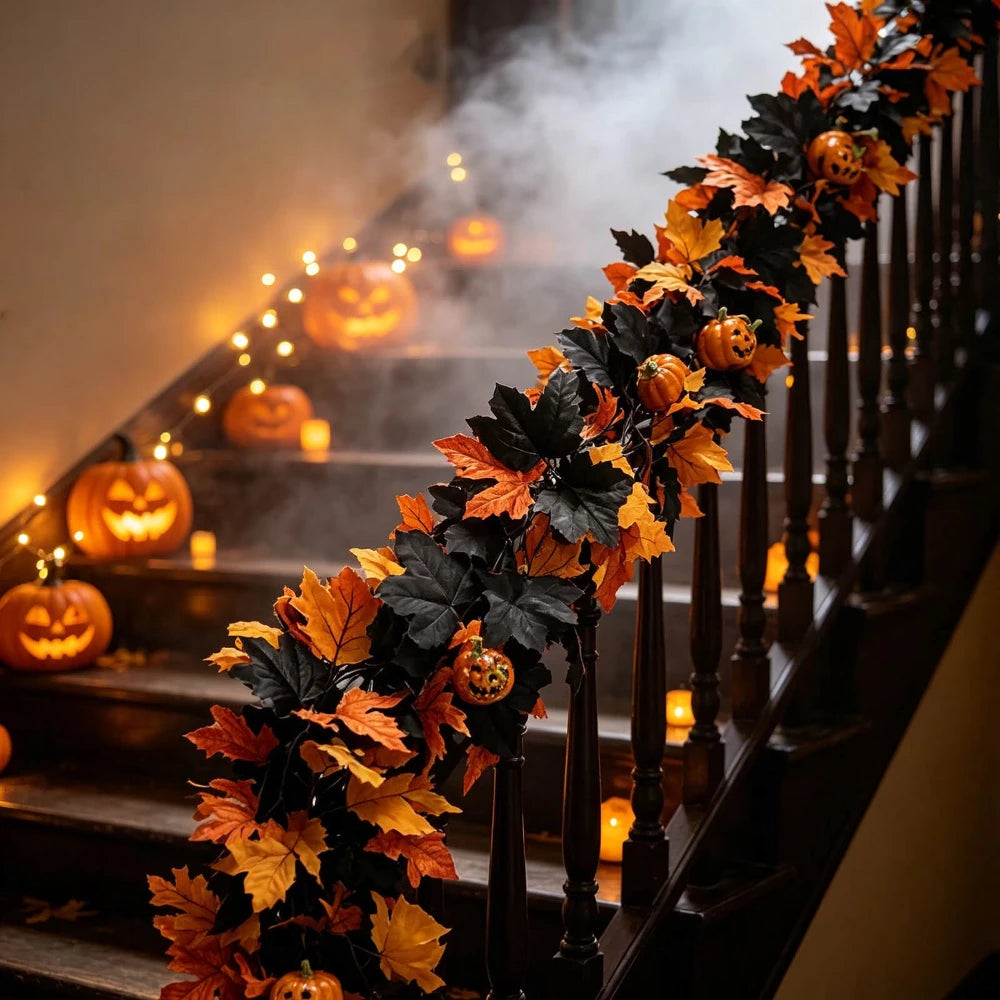 Halloween Fall Garland with Pumpkins Maple Leaves Artificial Flowers Decorative Hanging for Thanksgiving Home Fireplace Doorway