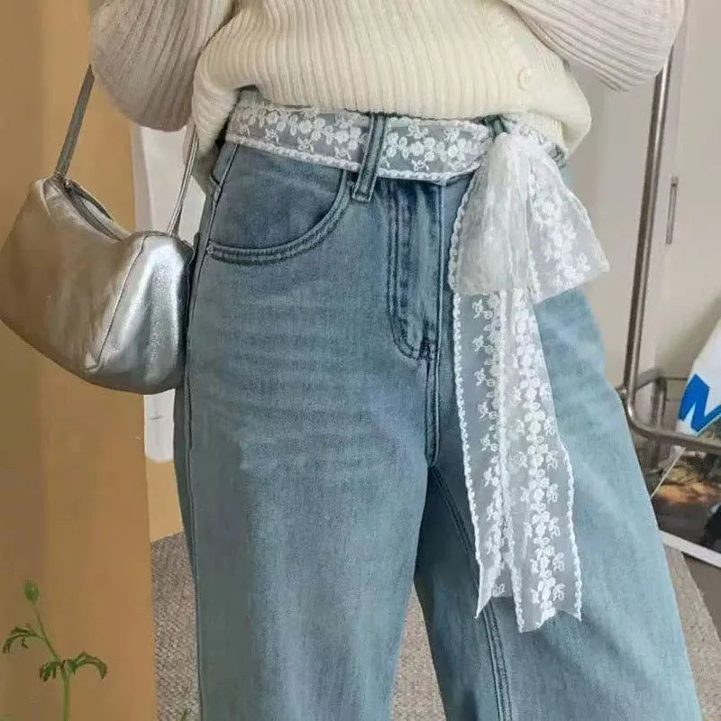 Women's Lace Belt Long Waistband in Black and White Waist Band for Woman Fashion Tie Up Lace Belt for Dress Jeans Decoration