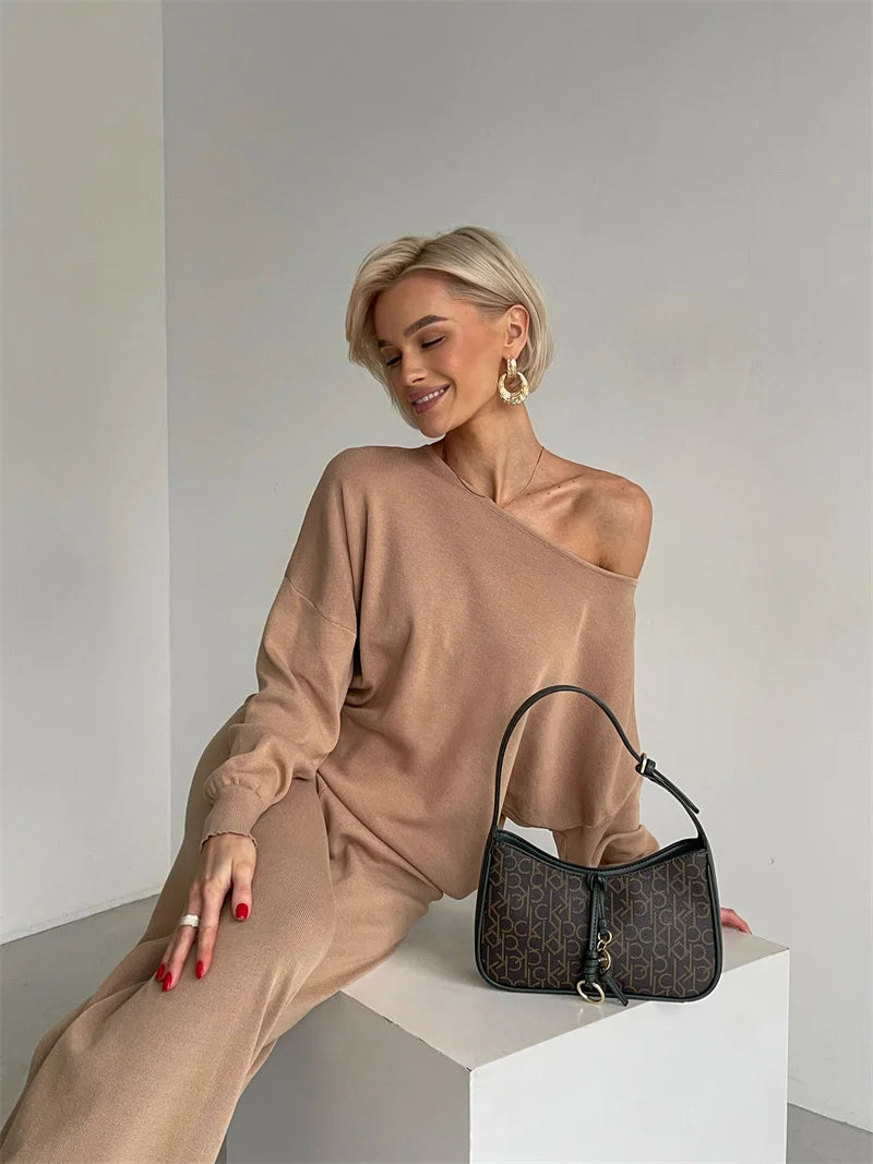 Elegant Winter Knit Pants Set Woman Sexy Loungewear 2 Piece Sweater Matching Sets Women Casual Knitted Two Piece Sets Women 2024