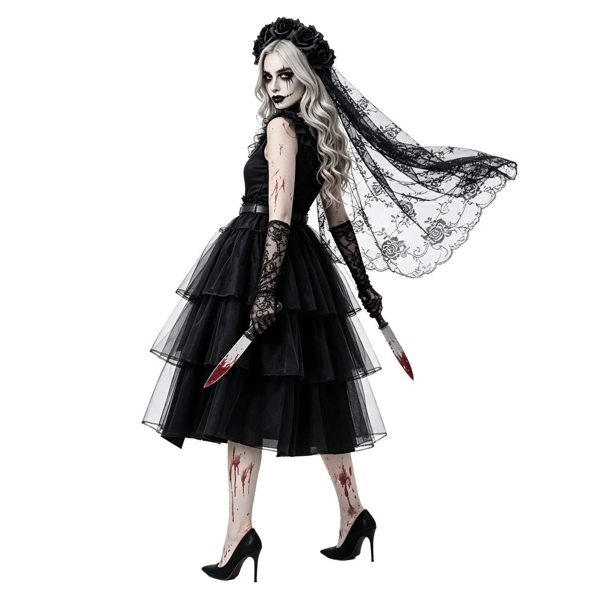 Halloween Zombie Costume Black Lace Ghost Bride Dress Scary Gothic Corpse Bride Outfit for Carnival Party Cosplay