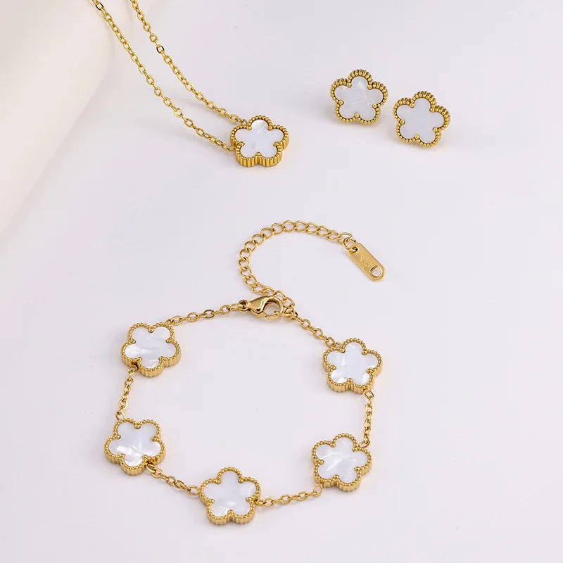 3 Piece Set Stainless Steel Bracelet Necklace Jewelry Sets Double Sided Flower Christmas Gifts Earring Gold Plated Bracelets
