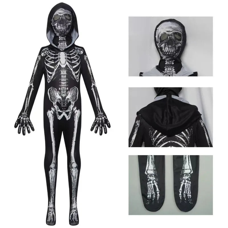 Scary Halloween Children /Adults Hooded Costume Scary Skeleton Grim Reaper Costume Boys Spooky Costumes Mardi Gras Party Costume