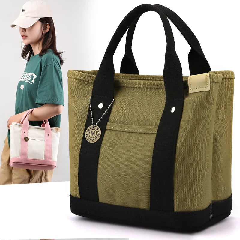 Canvas Tote Bag Portable Large Capacity Leisure Lunch Bento Bucket Bag Multi-divided Handbag