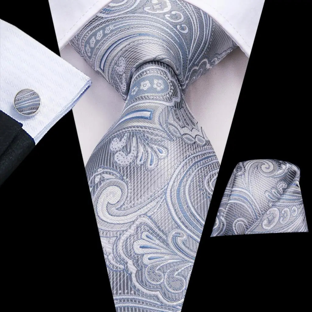 Hi-Tie White Grey Paisley 2026 New Mens Tie Hanky Cufflink Set Necktie For Men Wedding Party Business Men Tie Fashion Brand