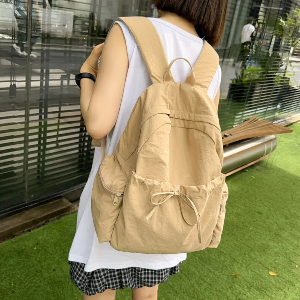 Japanese Style Student Backpack Solid Color Bow Travel School Bag Lightweight and Fashionable Women's Backpack New Simple Casual