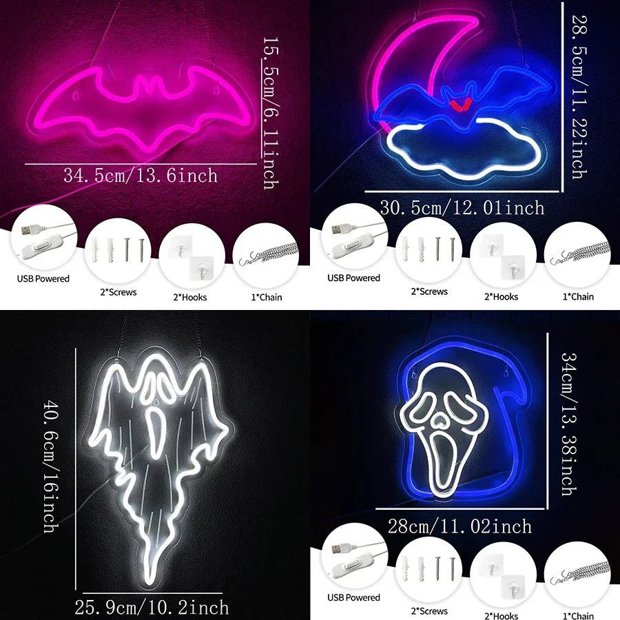 Halloween Bat LED Neon Sign, Ghost Light Up Signs for Wall Decor, Hanging Neon Lights for Home Bar Coffee Stores Window Decor