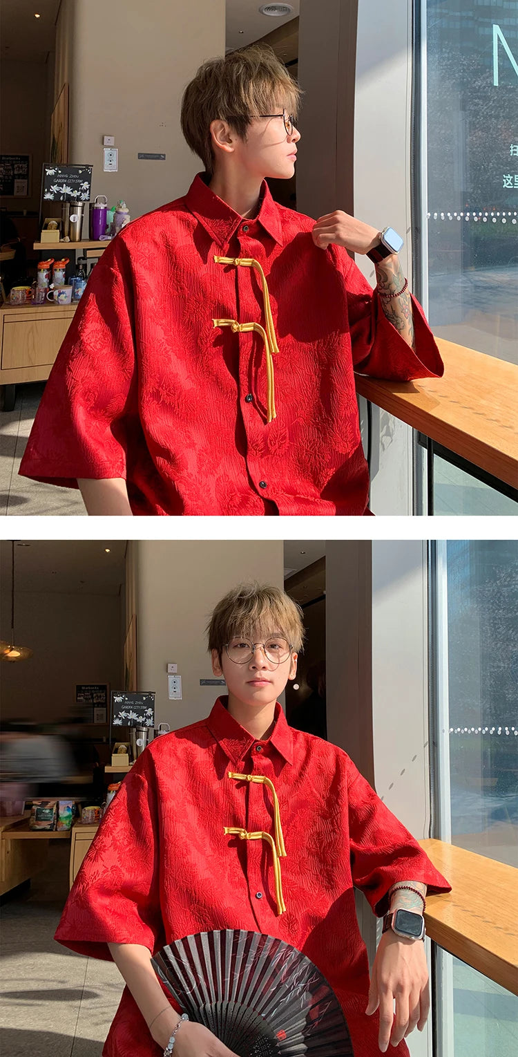 2024 Men Chinese Style Shirt Mens Tang Dress Hanfu Half-Sleeve Shirt Male Printing Kung Fu Outfit Loose Casual Tops