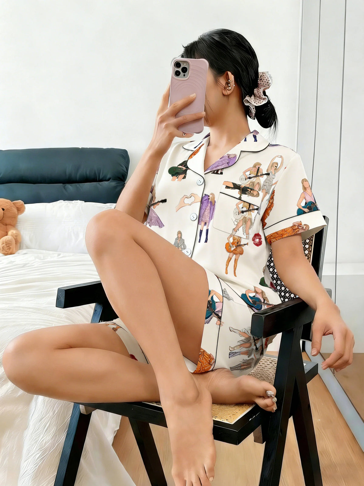 Women Pajamas Cardigan Lapel Short Sleeve Shorts 2 Piece Set Spring Summer Cute Singer Guitar Print Homewear Loungewear