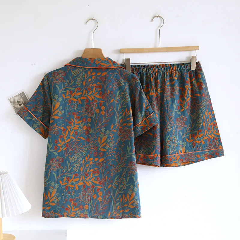 Women's Short Sleeved Shorts Newest Cotton Jacquard Yarn Woven Floral Printed Cardigan Summer Home Pijama Clothes