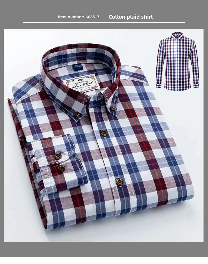 New Men's Pure Cotton Plaid Long Sleeve Shirt Spring Whole Cotton Casual Shirt Korean Style Slims Smooths Your Silhouette No Iro
