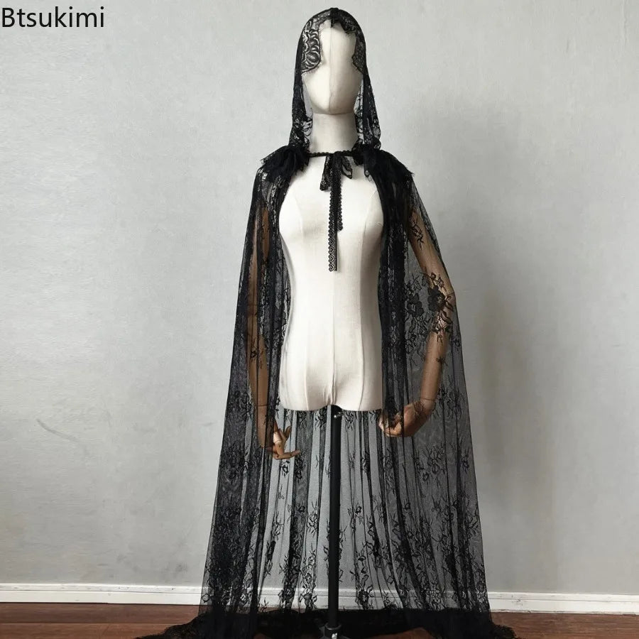 Halloween Medieval Women Lace Lace Up Hooded Cloak Elegant Black White Bride Shawl Party Witch Wizard Cosplay Costumes Clothing