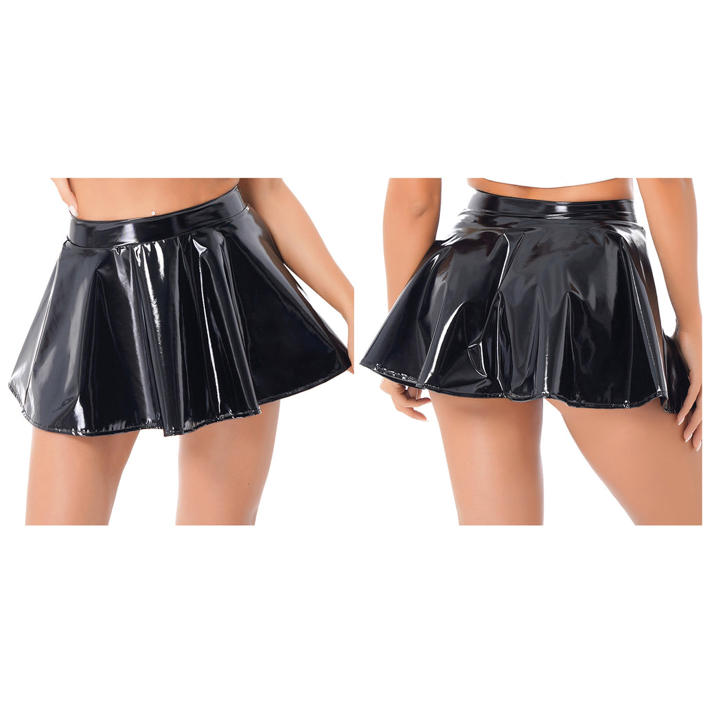 Sexy Women Wetlook PVC Leather Ruffled Skirts Party Low Waist Built-in Thongs Mini Skirt with Garter Belts Metal Clips Set Club
