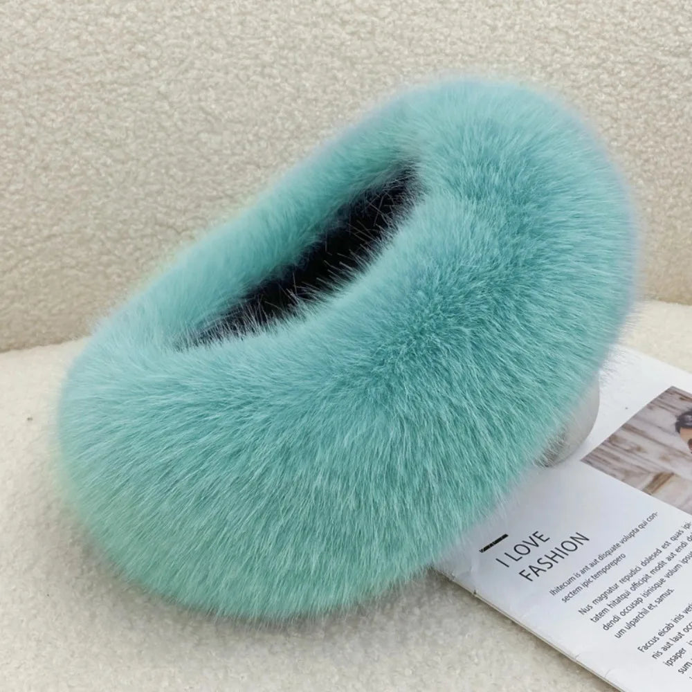 Fashion Thick Turban Hat Keep Warm Solid Color Wide Headwrap Imitation Fox Fur Elastic Ski Hats Winter