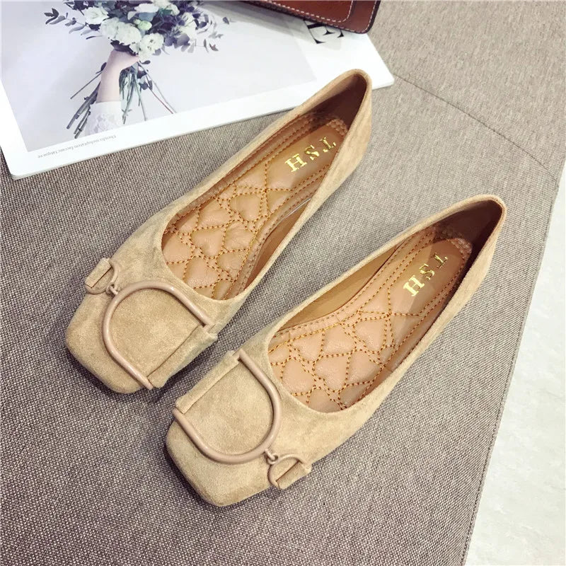 Flat Shoes for Women Spring 2023 New Suede Square Toe Shallow Cut Flat Bottomed Lefu Soft Bean Shoes Ladies big size 44 45 46