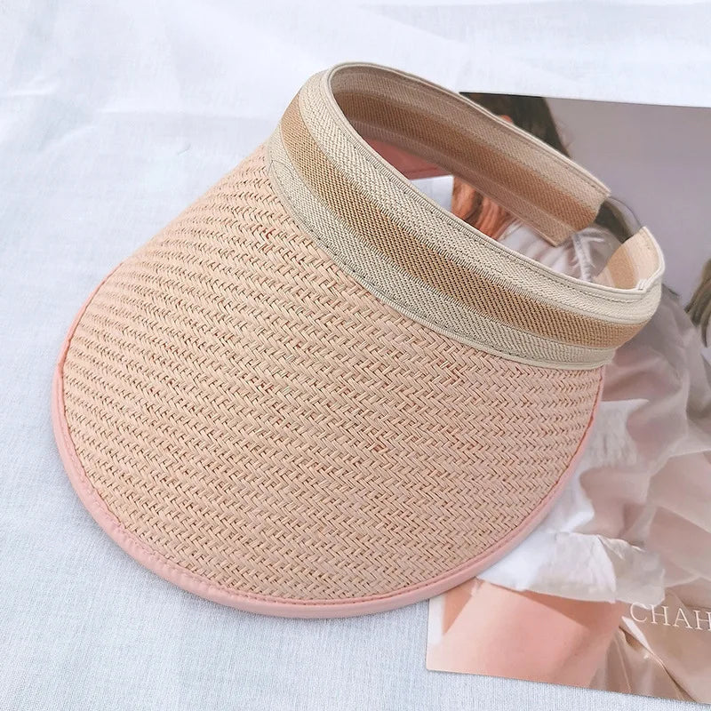 Straw Hat Visors Beach Hat Ladies Hats and Caps Empty Top Hat Summer Hats for Women Sun Protection Ponytail Hat Kpop Designer
